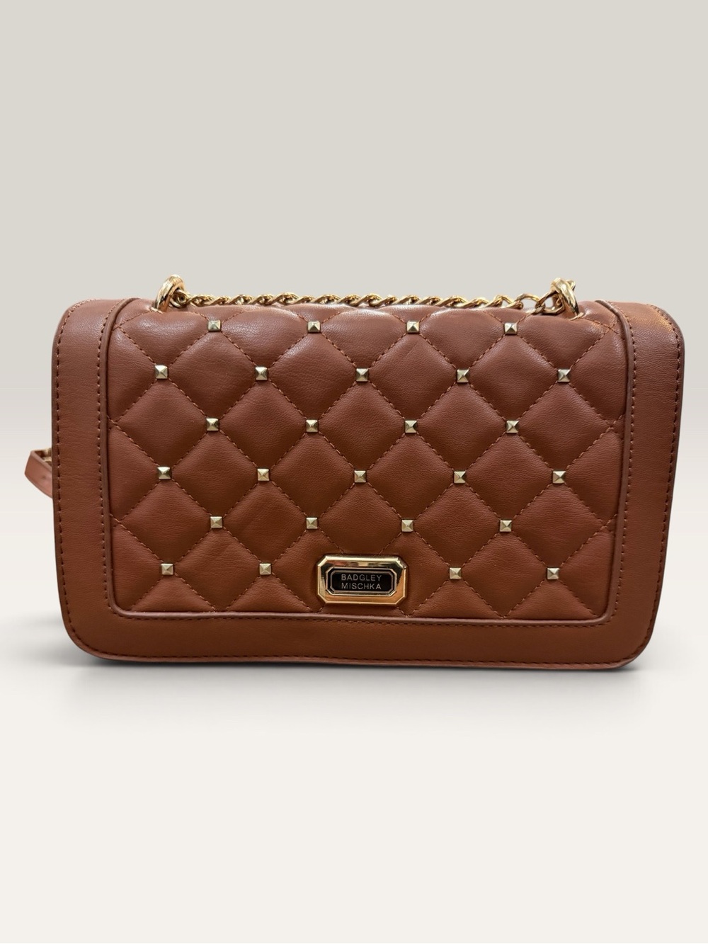 Badgley Mischka Cognac Quilted Crossbody with Gold Chain